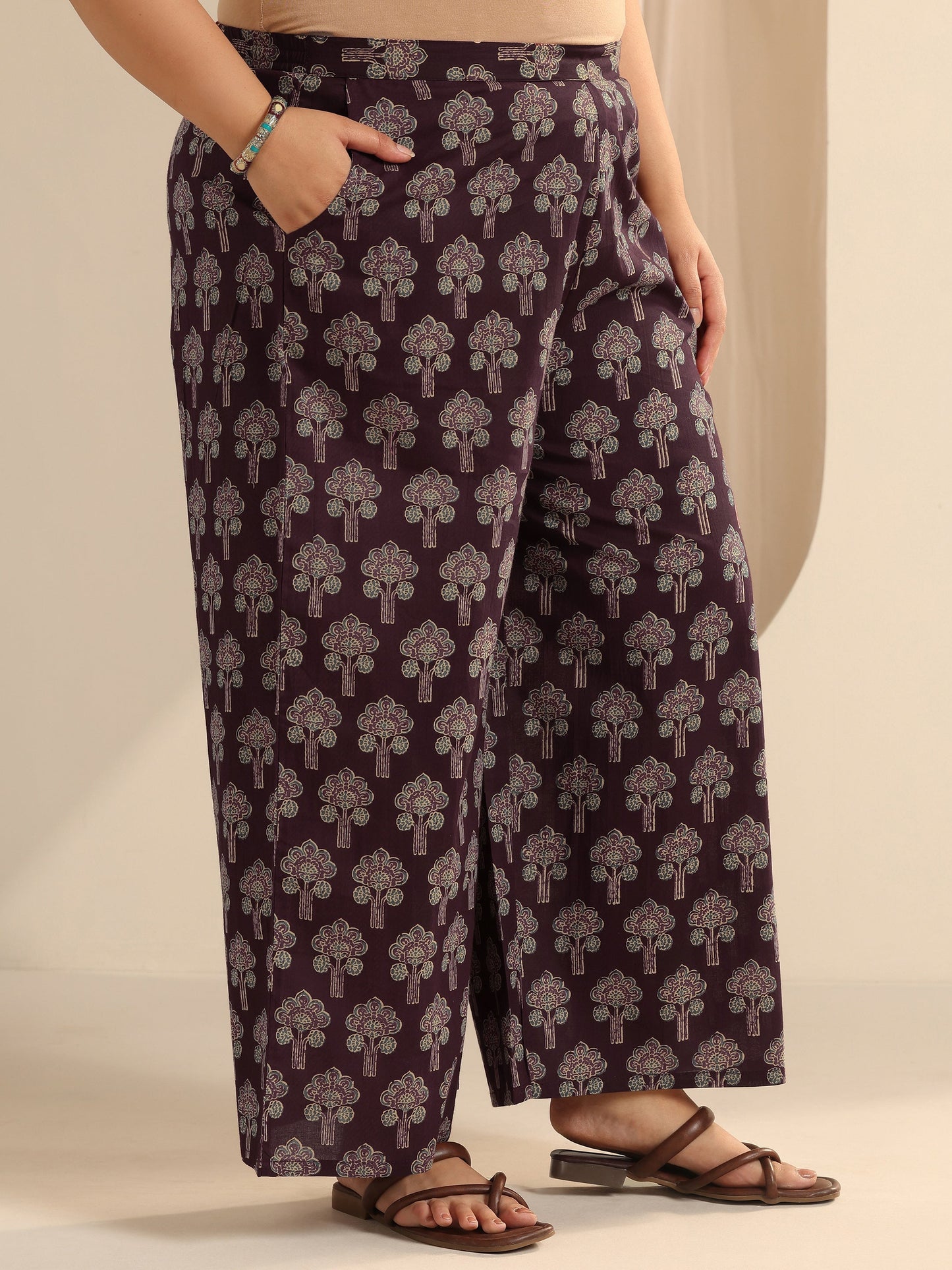 Plus Size Wine Printed Cotton Straight Kurta Set