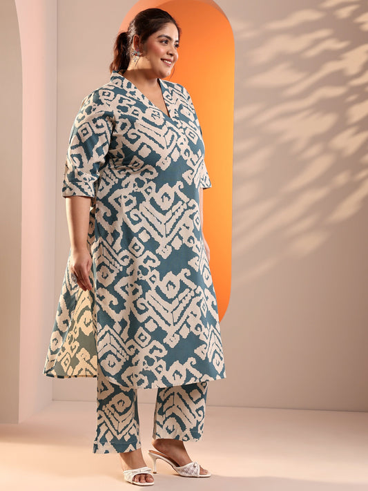 Plus Size Blue Printed Cotton Blend Straight Kurta Set