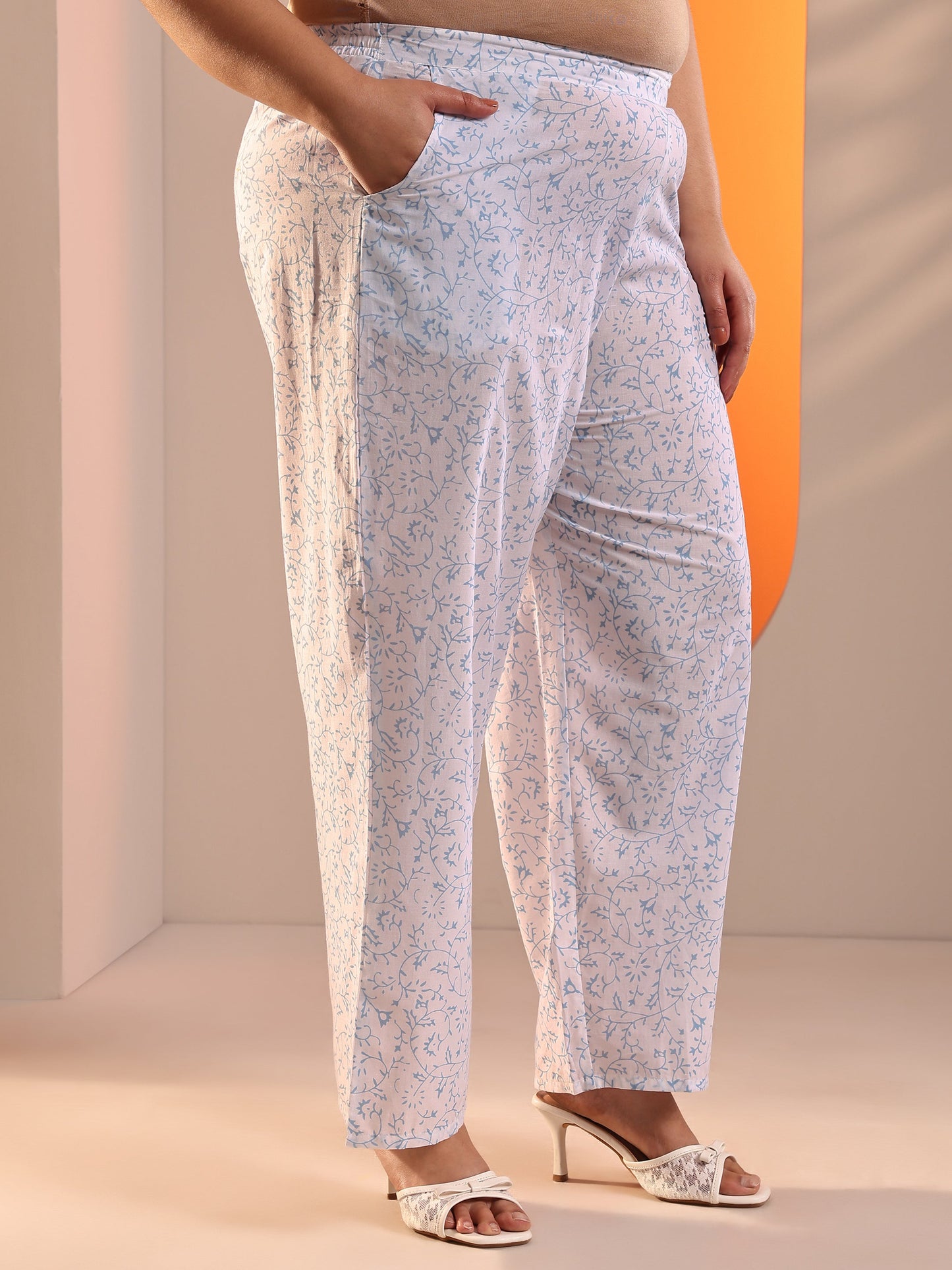 Plus Size White Printed Cotton Straight Kurta Set