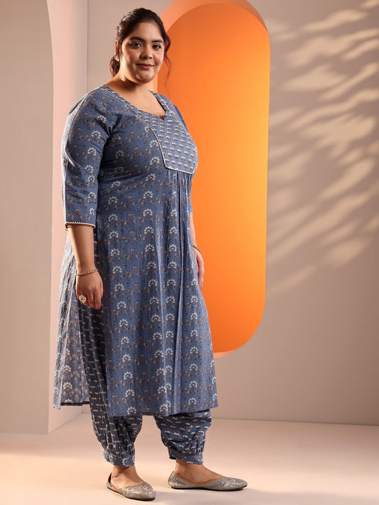 Plus Size Blue Printed Cotton Straight Suit Set With Dupatta