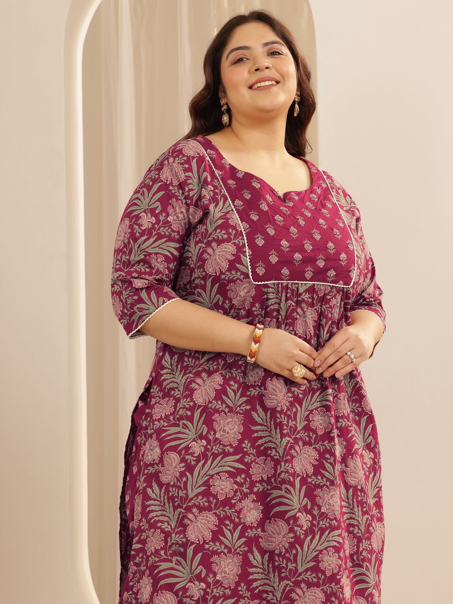 Plus Size Pink Printed Cotton Straight Suit Set With Dupatta