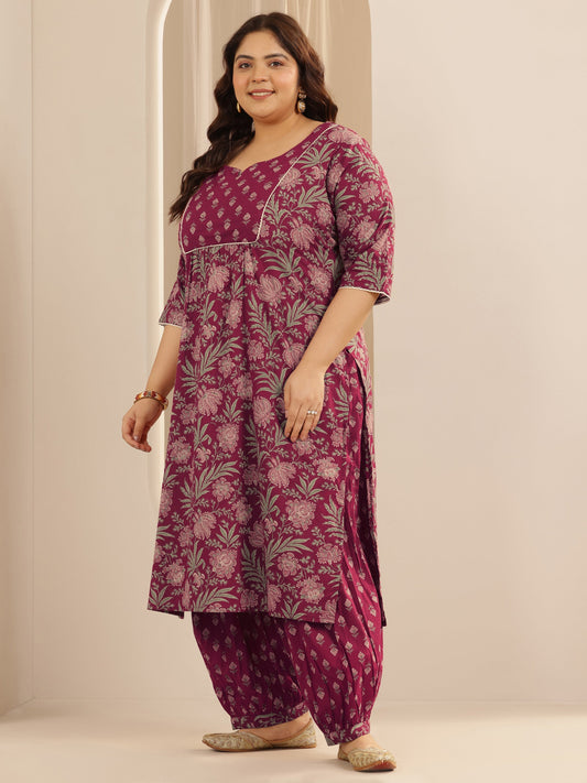 Plus Size Pink Printed Cotton Straight Suit Set With Dupatta