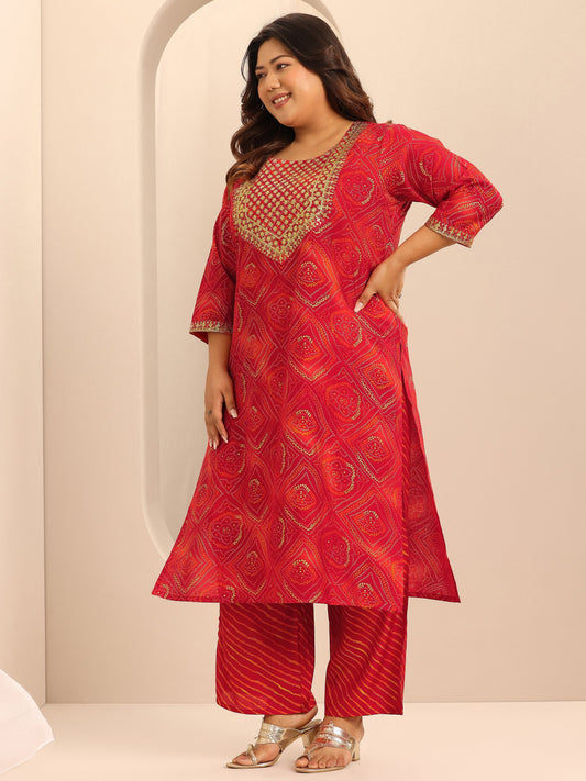 Plus Size Red Printed Silk Blend Straight Suit Set With Dupatta
