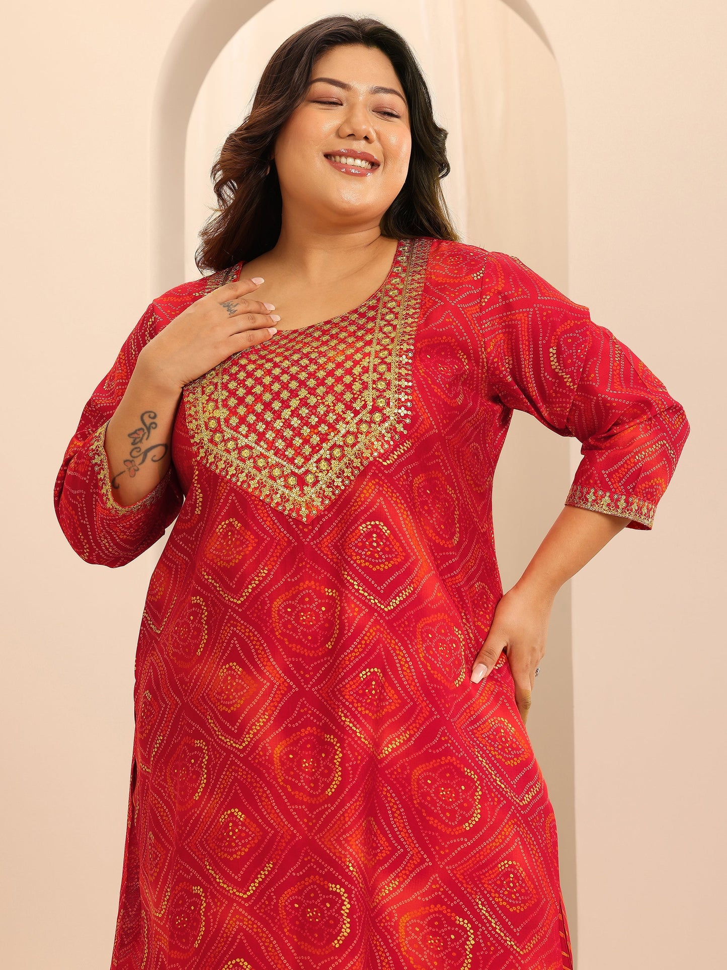 Plus Size Red Printed Silk Blend Straight Suit Set With Dupatta