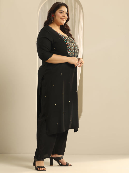 Plus Size Black Embroidered Viscose Straight Suit Set With Dupatta