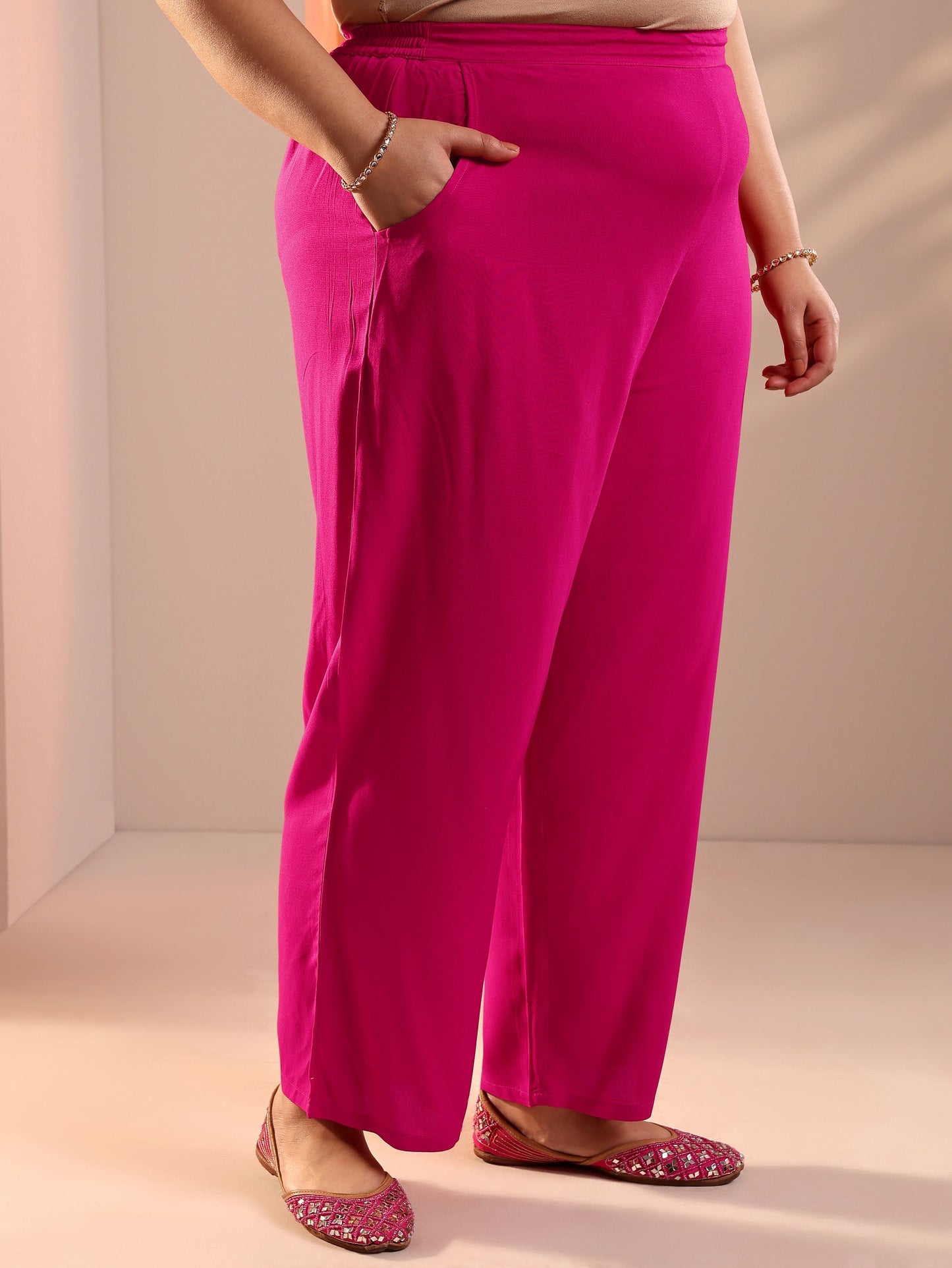 Plus Size Pink Embroidered Viscose Straight Suit Set With Dupatta