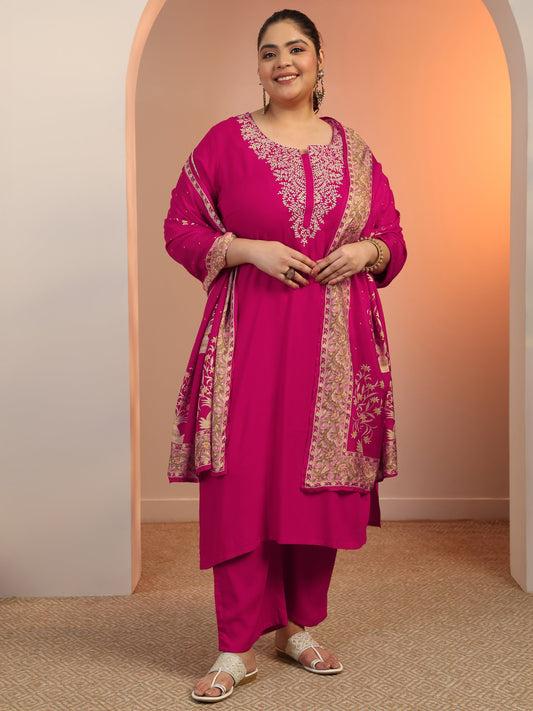 Plus Size Pink Yoke Design Viscose Straight Suit Set With Dupatta