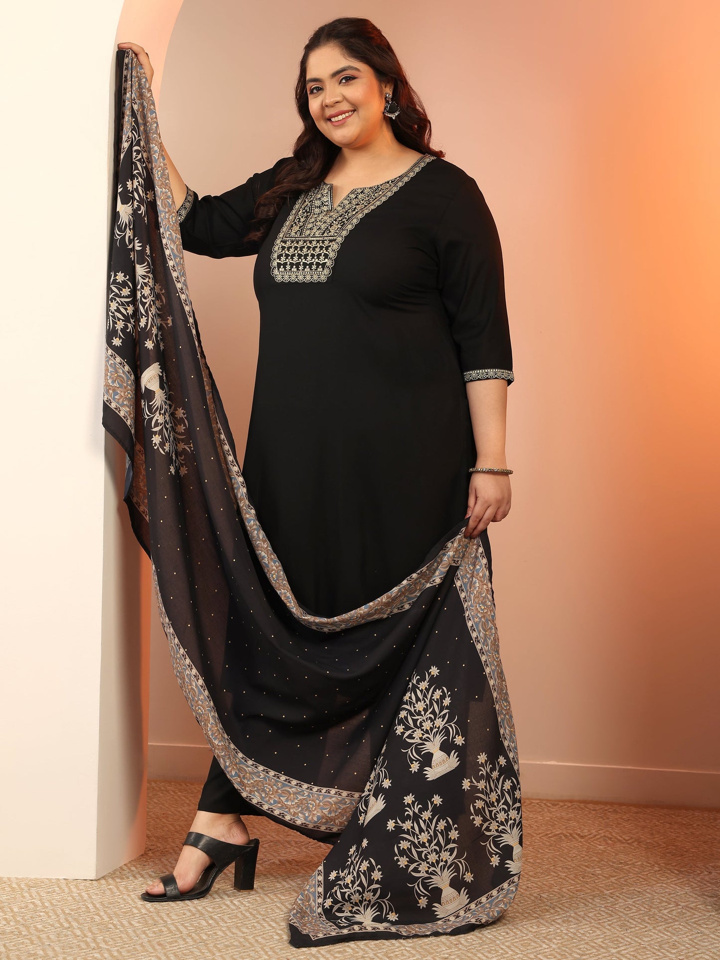 Plus Size Black Yoke Design Viscose Straight Suit Set With Dupatta