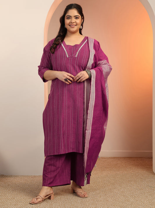 Plus Size Magenta Pink Woven Design cotton blend Straight Suit Set With Dupatta