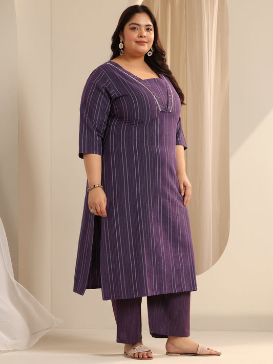 Plus Size Purple Woven Design Cotton Blend Straight Suit Set With Dupatta