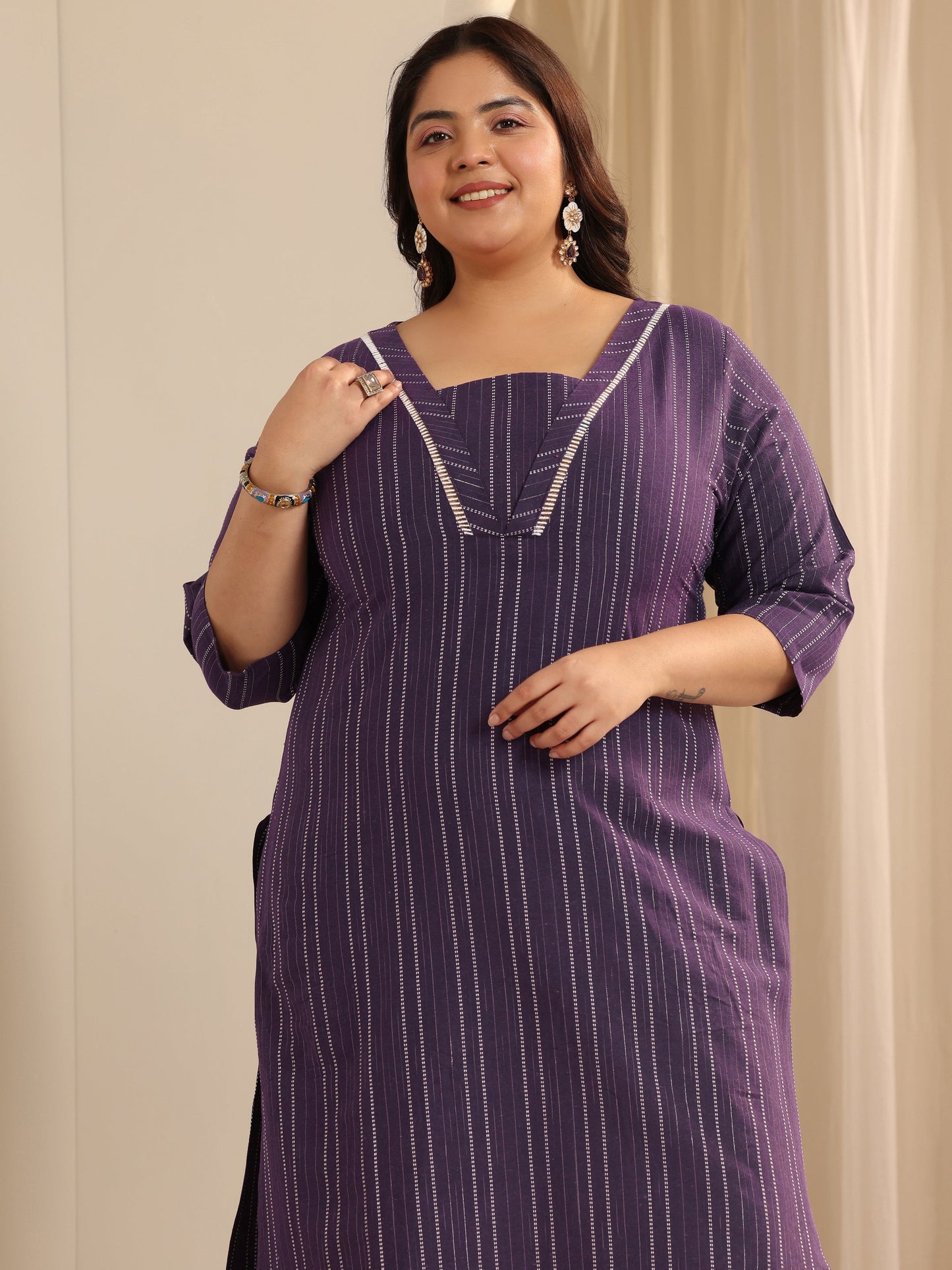 Plus Size Purple Woven Design Cotton Blend Straight Suit Set With Dupatta