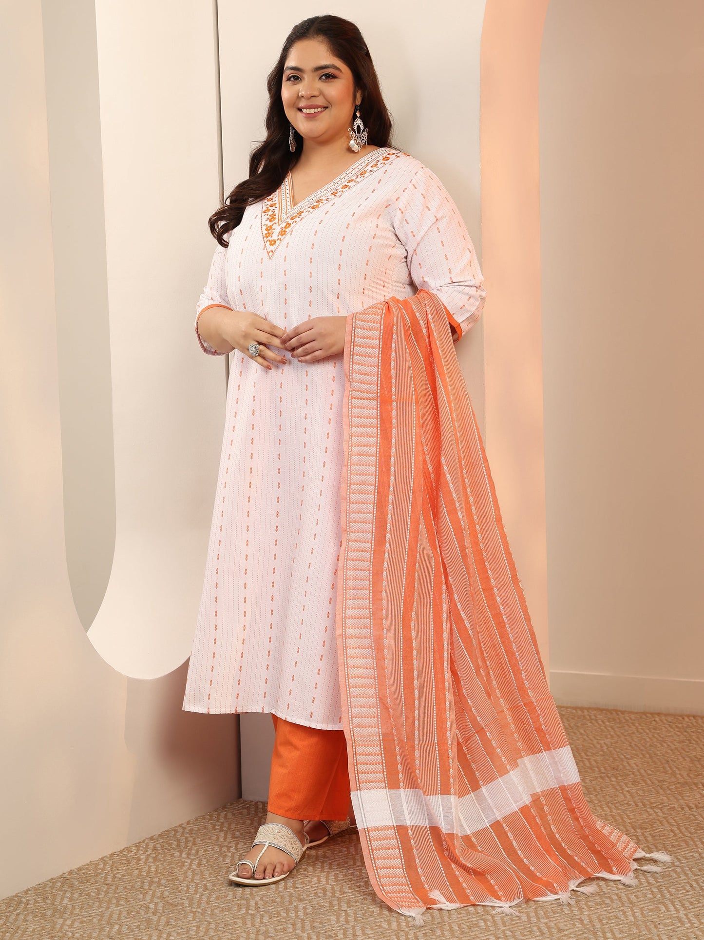 Plus Size White Woven Design cotton blend Straight Suit Set With Dupatta
