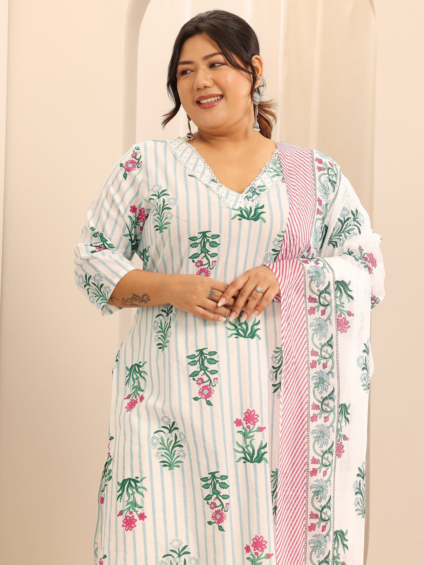 Plus Size Off White Printed Cotton Straight Suit Set With Dupatta