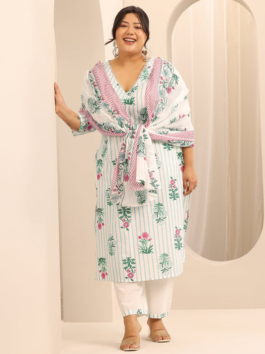 Plus Size Off White Printed Cotton Straight Suit Set With Dupatta