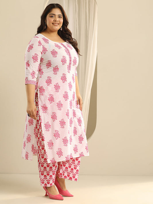 Plus Size Off White Floral Printed Cotton Straight Suit Set With Dupatta