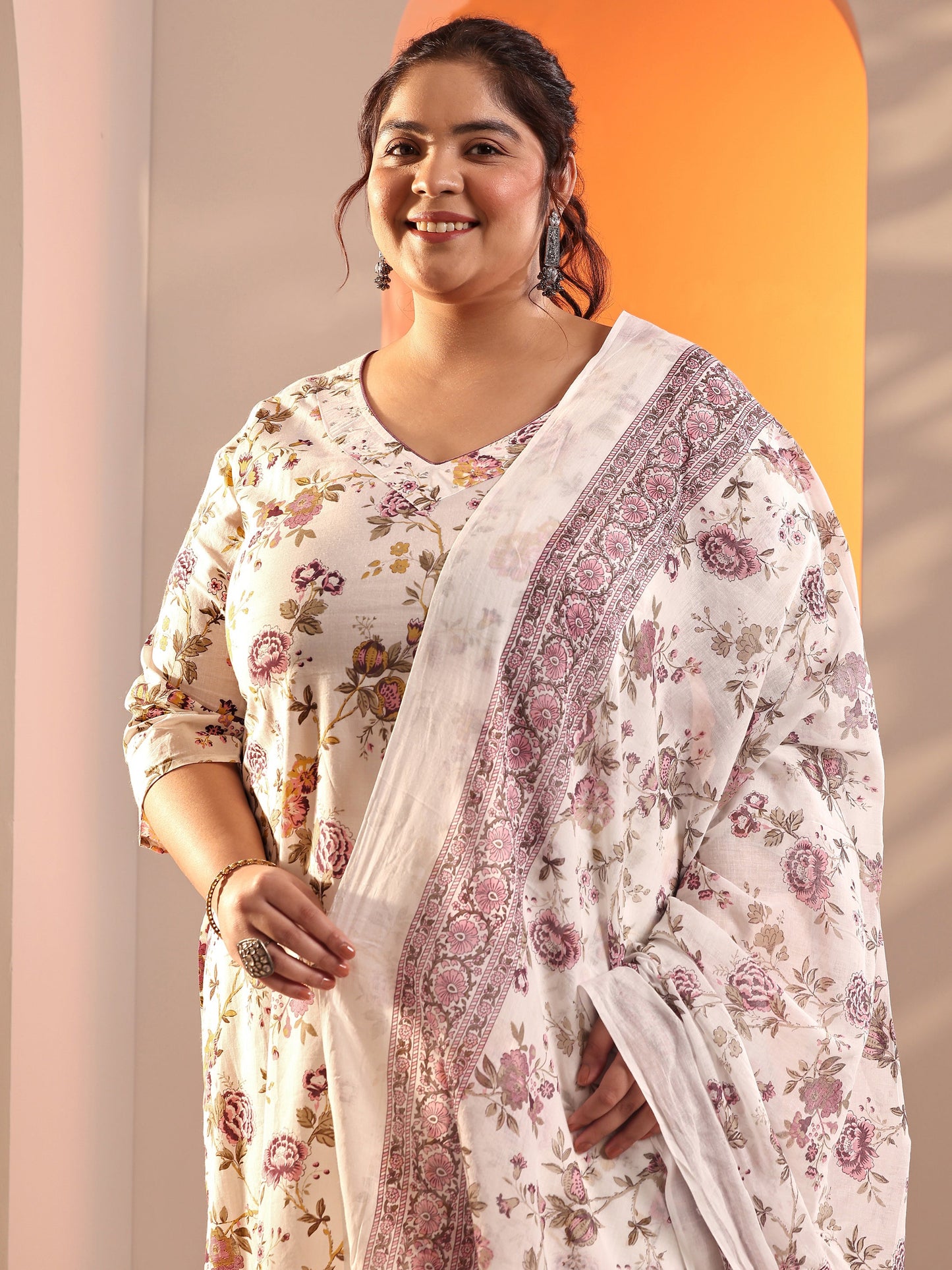 Plus Size Off White Floral Printed Cotton Straight Suit Set With Dupatta