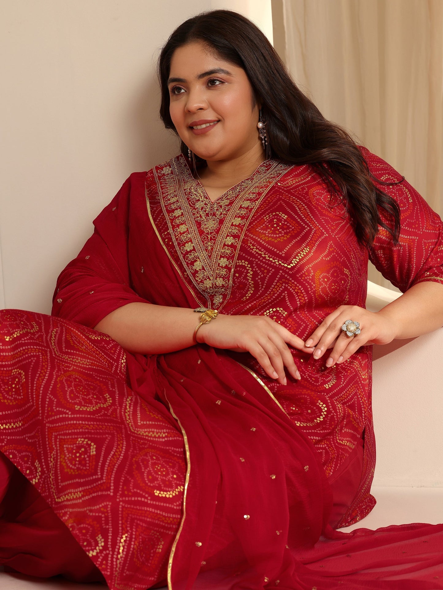 Plus Size Red Printed Silk blend Straight Suit Set With Dupatta