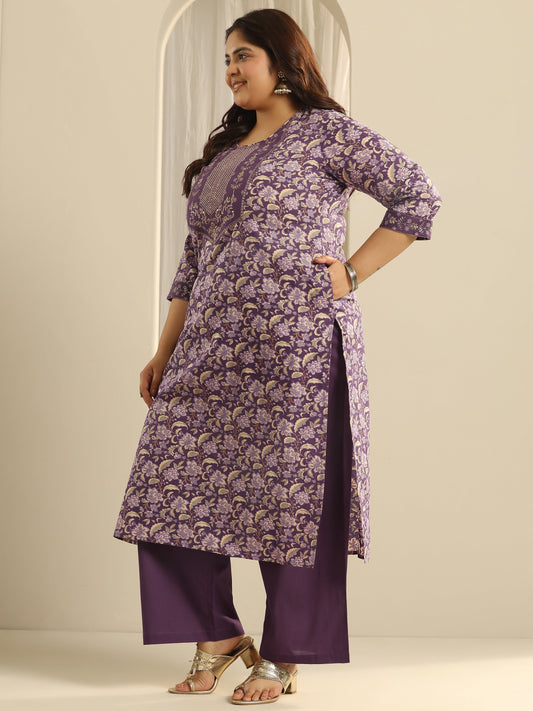 Plus Size Purple Yoke Design Cotton Straight Suit Set With Dupatta