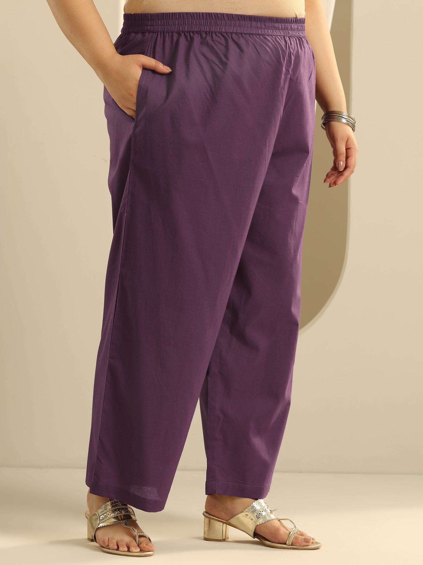 Plus Size Purple Yoke Design Cotton Straight Suit Set With Dupatta