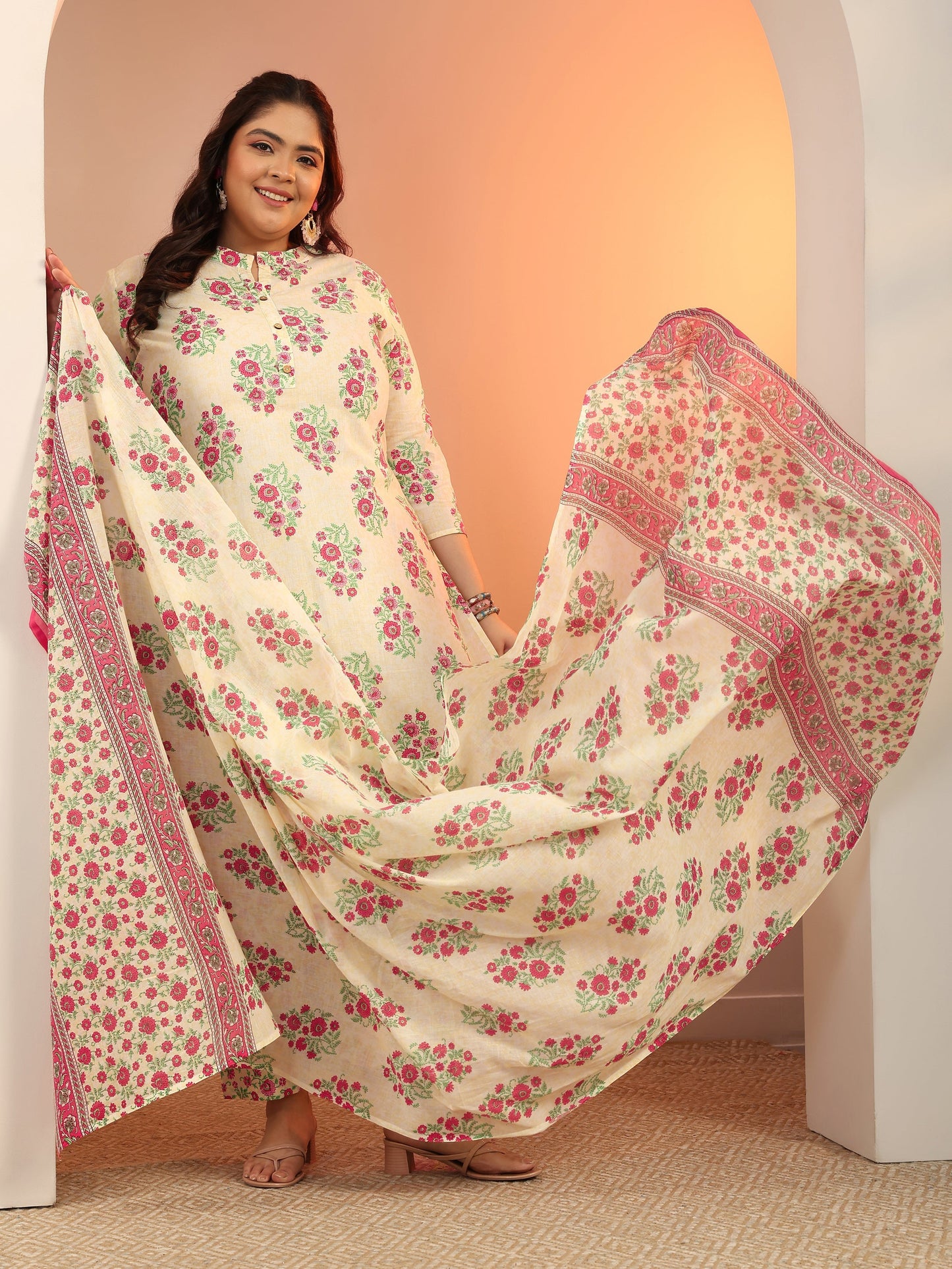 Plus Size Off white Floral Printed Cotton Straight Suit Set With Dupatta