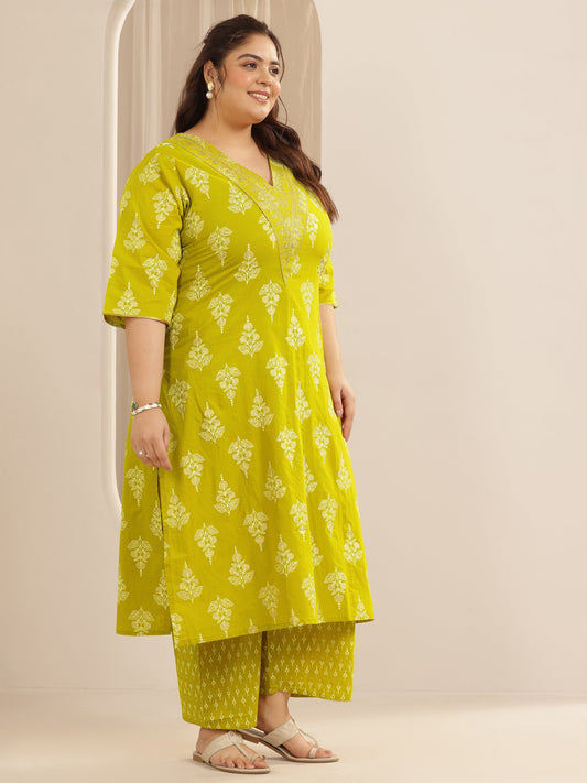Plus Size Mustard Printed Cotton Straight Suit Set With Dupatta