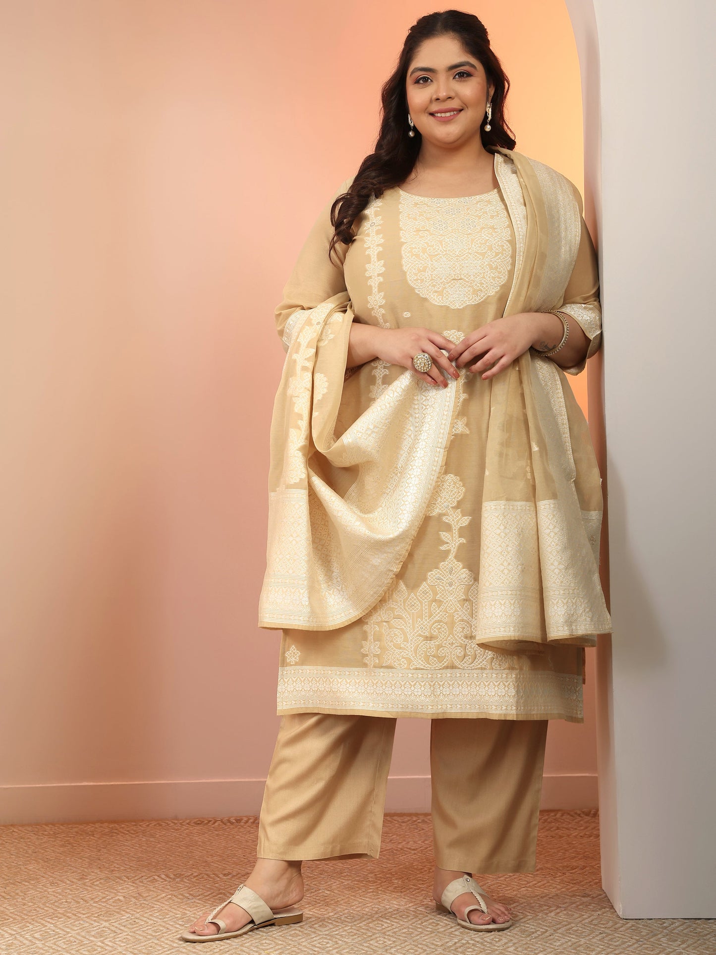 Plus Size Beige Woven Design Cotton Blend Straight Suit Set With Dupatta