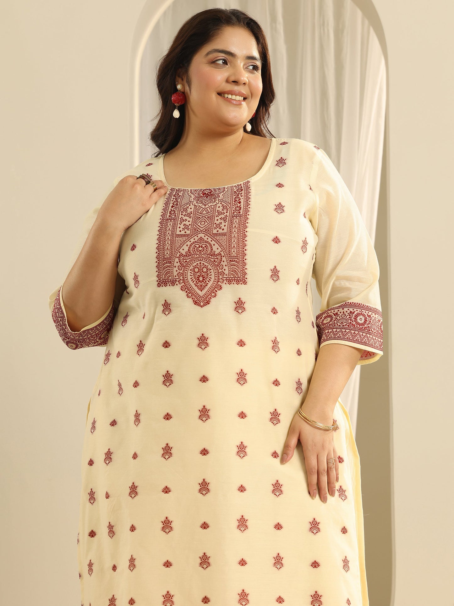 Plus Size Cream Woven Design Cotton Blend Straight Suit Set With Dupatta