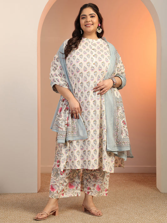 Plus Size Off white Floral Printed Cotton Straight Suit Set With Dupatta