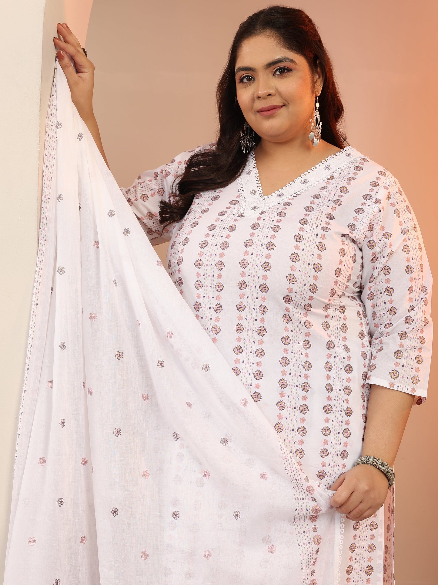 Plus Size Off white Printed Cotton Straight Suit Set With Dupatta