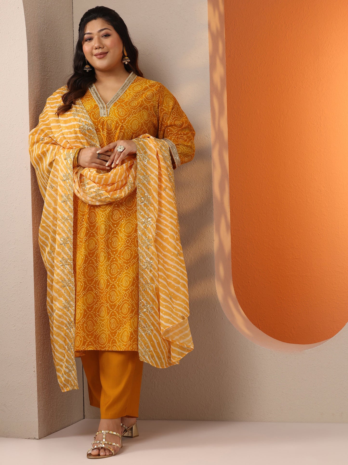 Plus Size Yellow Printed Silk Blend Straight Suit Set With Dupatta
