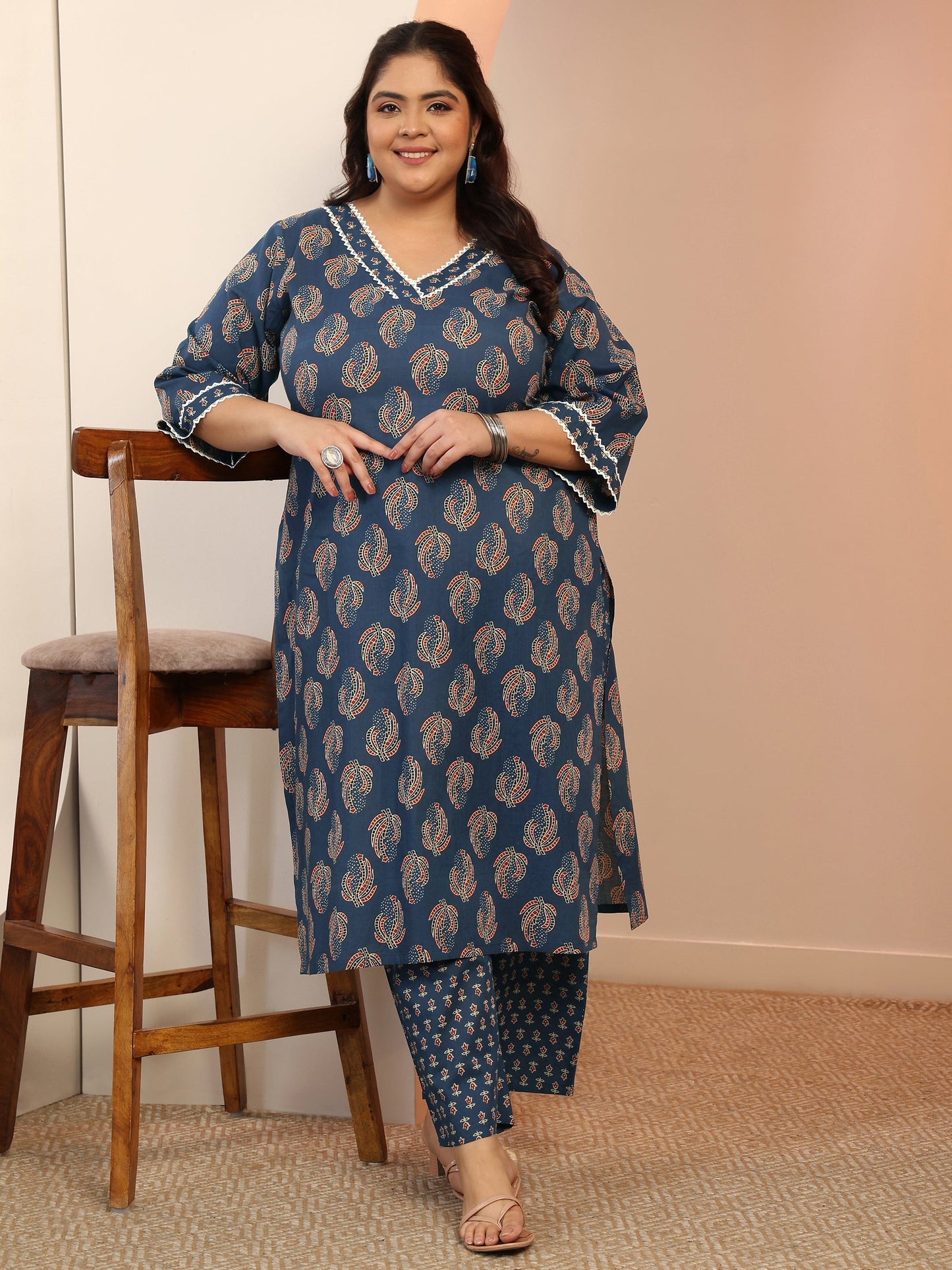 Plus Size Blue Printed Cotton Straight Kurta Set