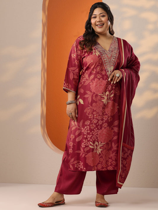 Plus Size Maroon Printed Silk Blend Straight Suit Set With Dupatta