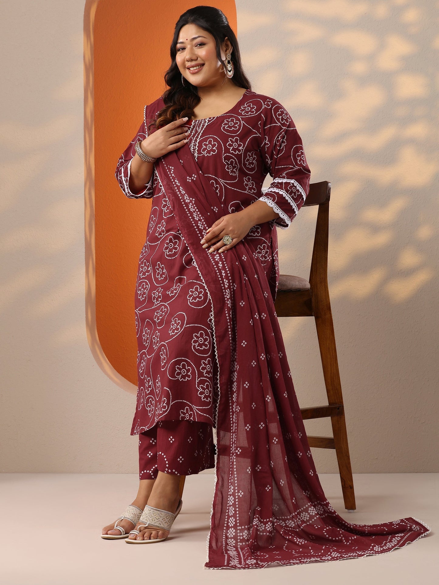 Plus Size Maroon Printed Cotton Straight Suit Set With Dupatta