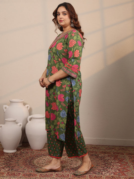 Plus Size Green Printed Cotton Straight Suit Set With Dupatta