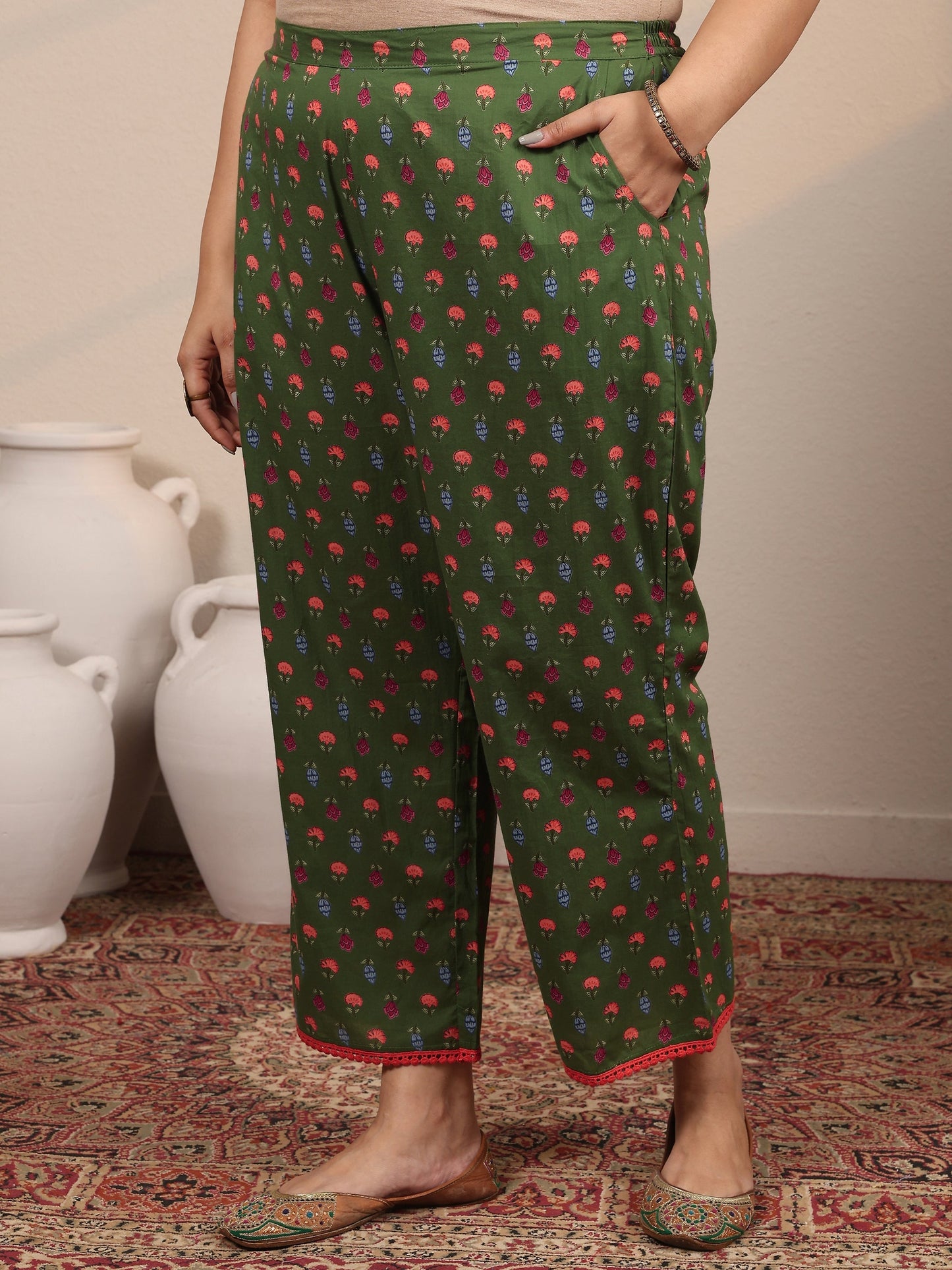 Plus Size Green Printed Cotton Straight Suit Set With Dupatta