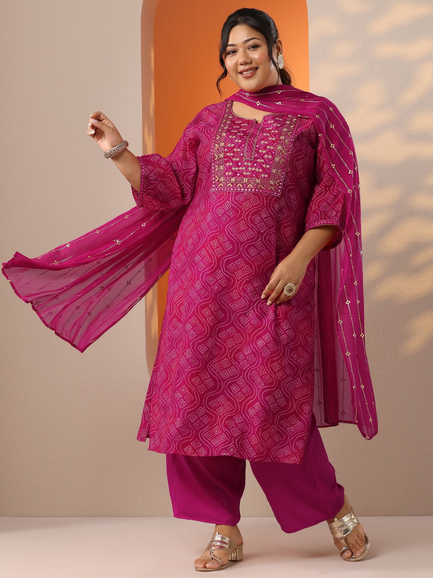 Plus Size Pink Printed Silk Blend Straight Suit Set With Dupatta