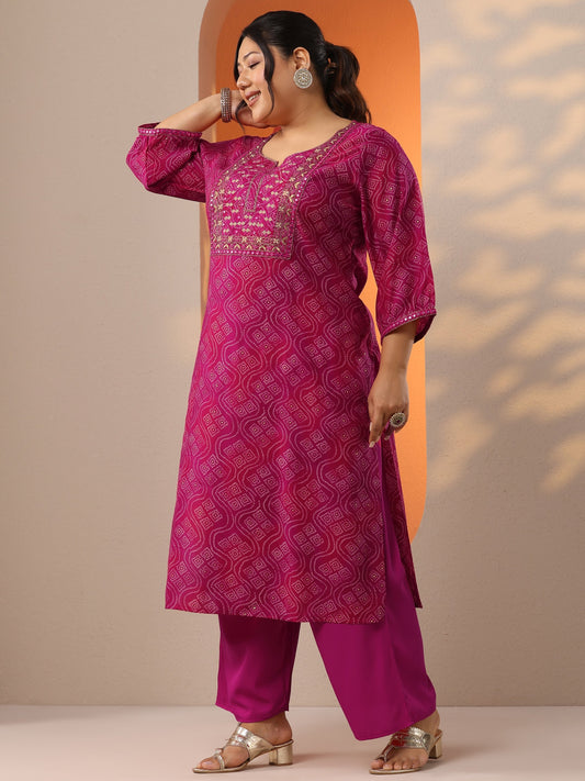 Plus Size Pink Printed Silk Blend Straight Suit Set With Dupatta