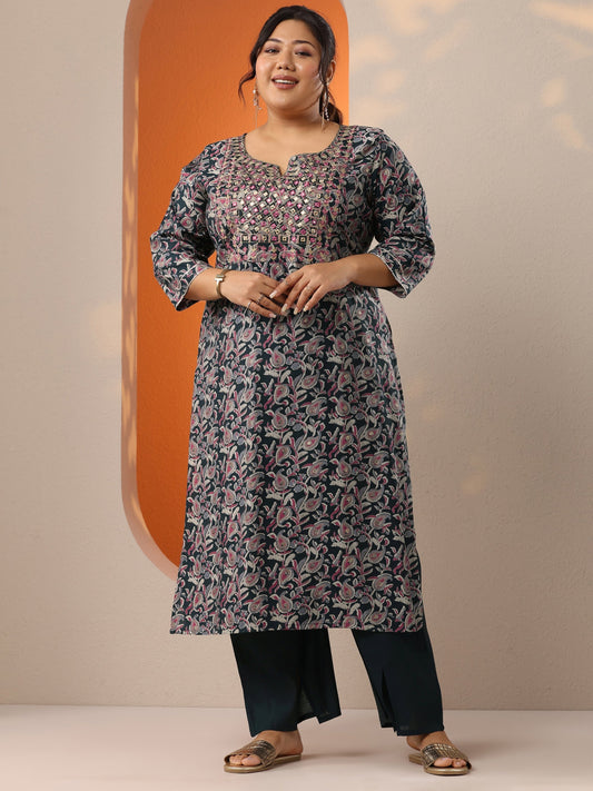 Plus Size Blue Printed Silk Blend Straight Kurta Set