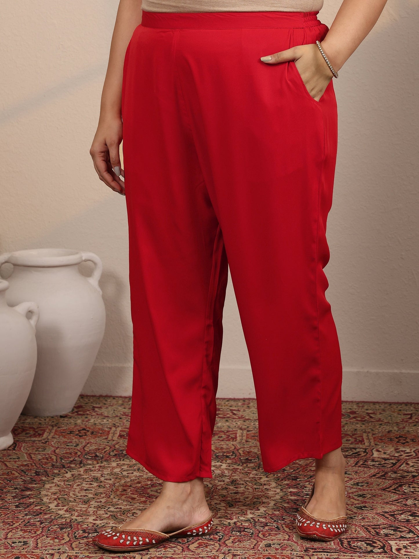 Plus Size Red Printed Silk Blend Straight Suit Set With Dupatta