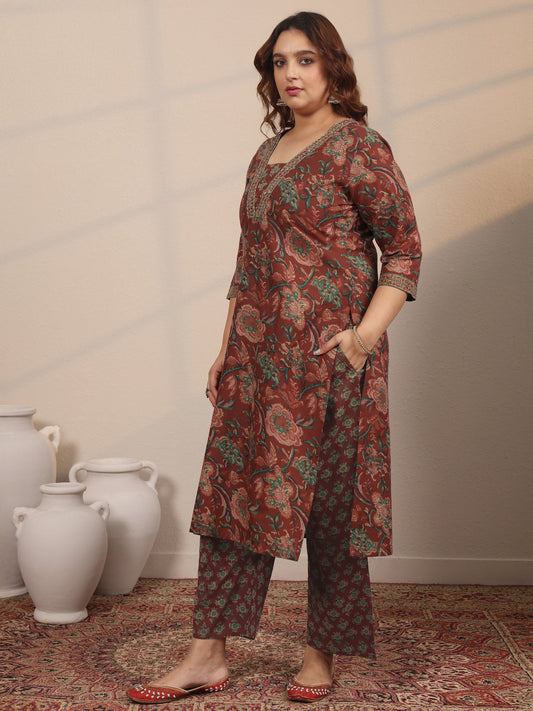 Plus Size Maroon Printed Cotton Straight Suit Set With Dupatta