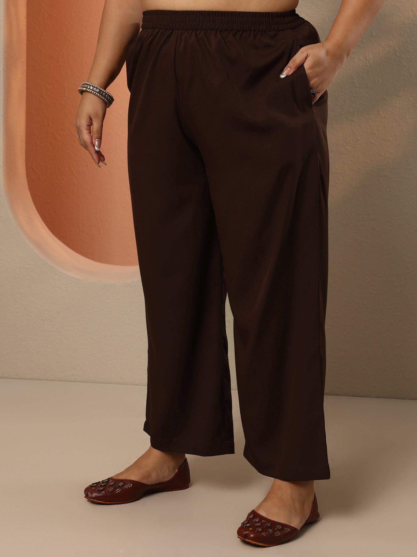 Plus Size Brown Woven Design Silk Blend Straight Suit Set With Dupatta