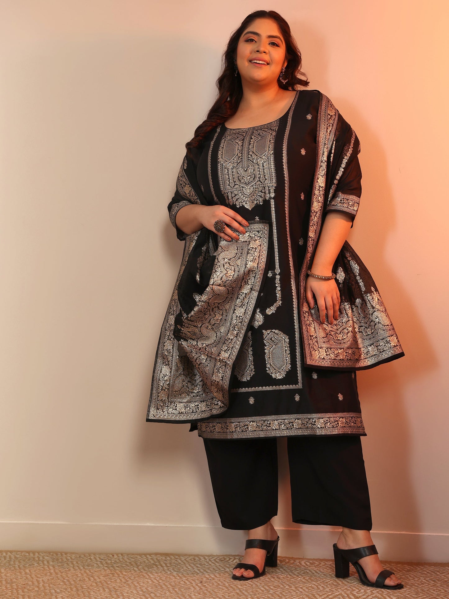 Plus Size Black Woven Design Silk blend Straight Suit Set With Dupatta