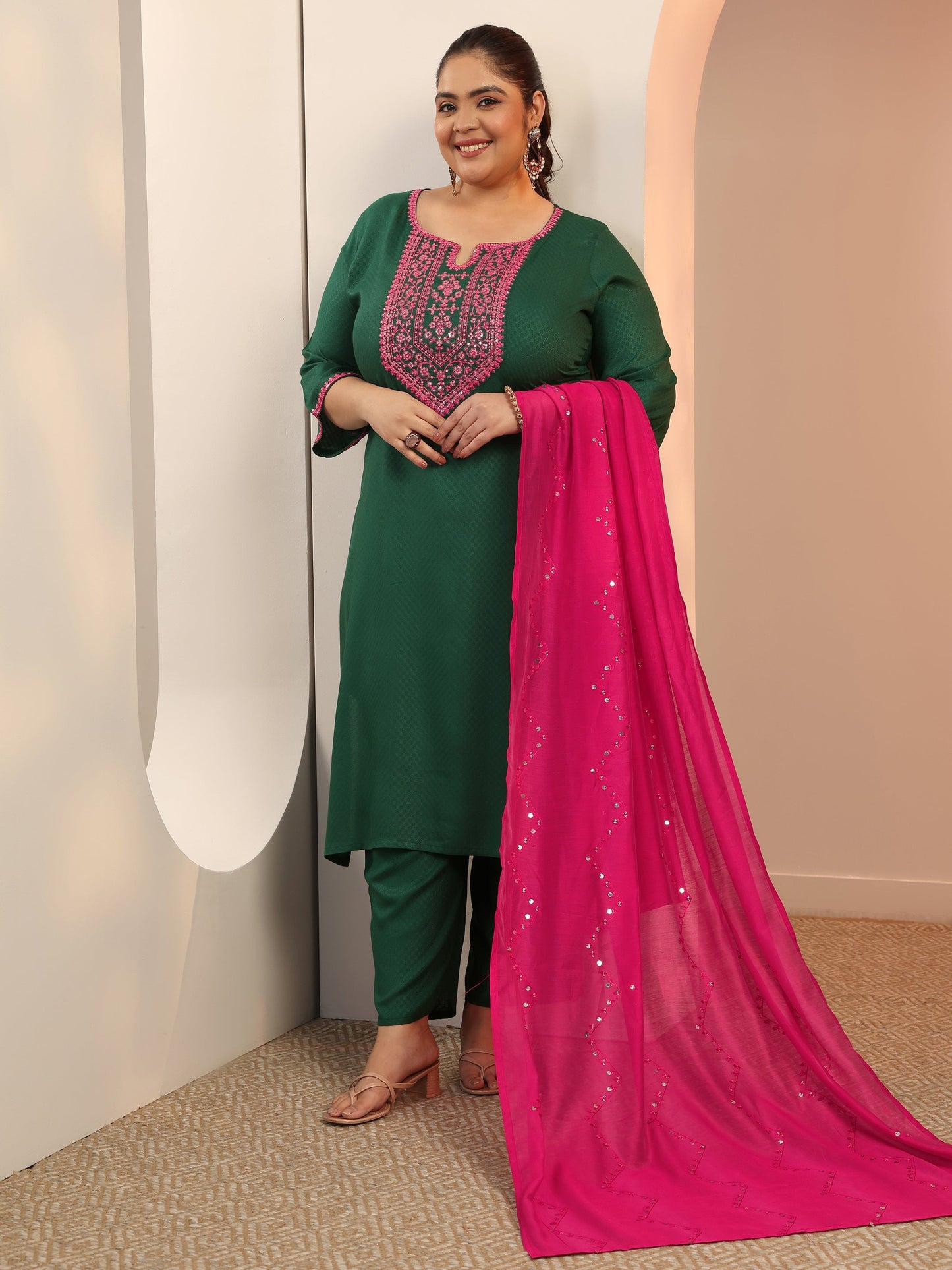 Plus Size Green Woven Design Rayon Straight Suit Set With Dupatta