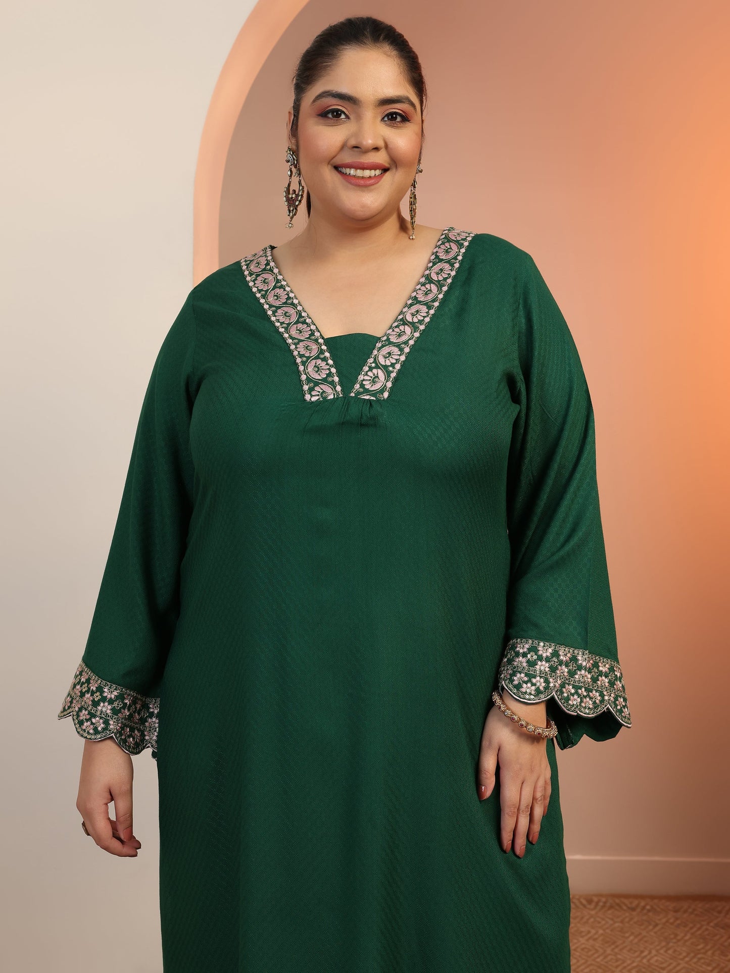 Plus Size Green Embroidered Rayon Straight Kurta Set