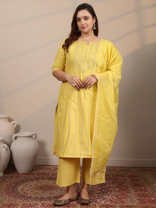 Plus Size Yellow Embroidered Cotton Blend Straight Suit Set With Dupatta