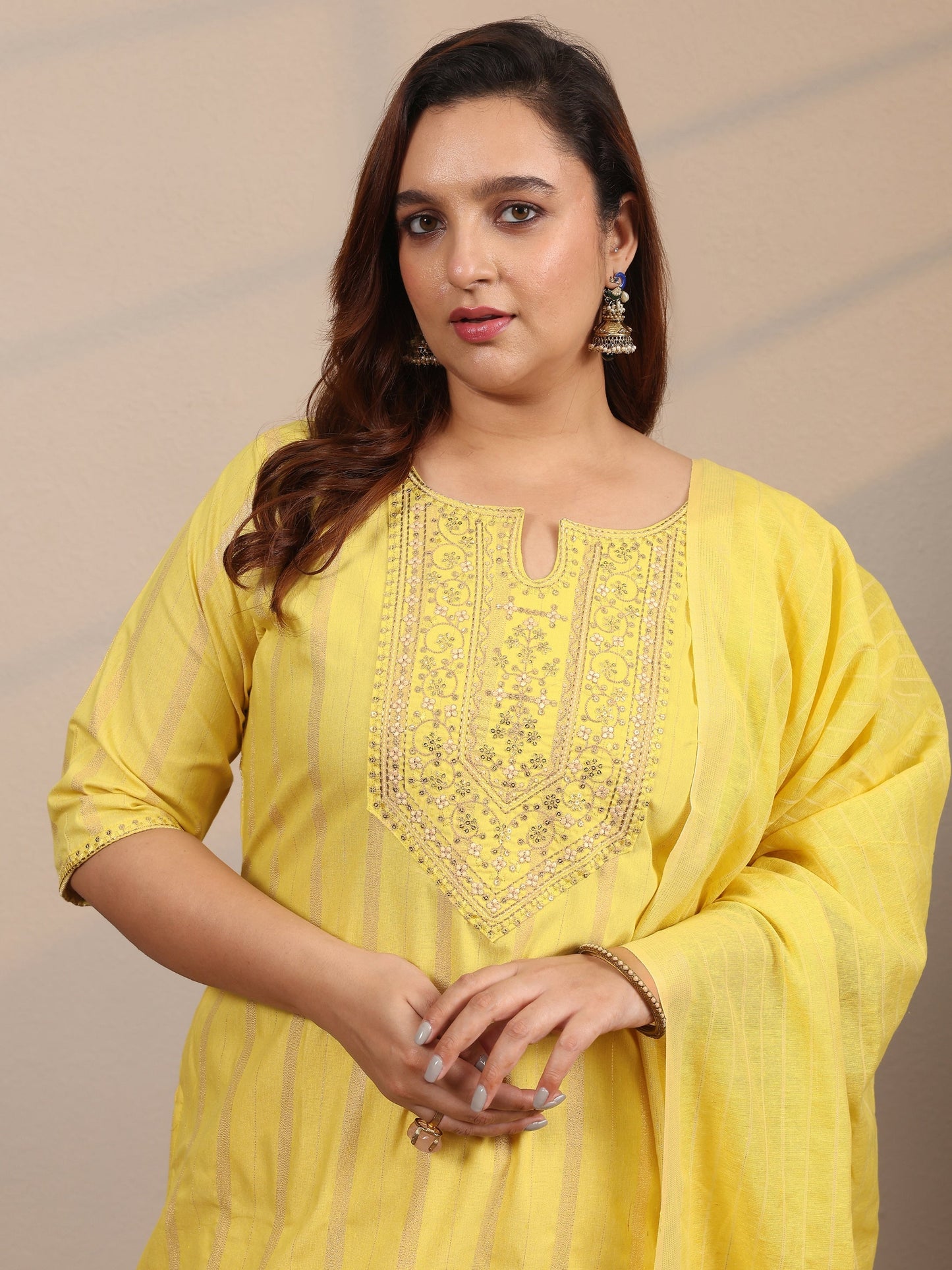 Plus Size Yellow Embroidered Cotton Blend Straight Suit Set With Dupatta