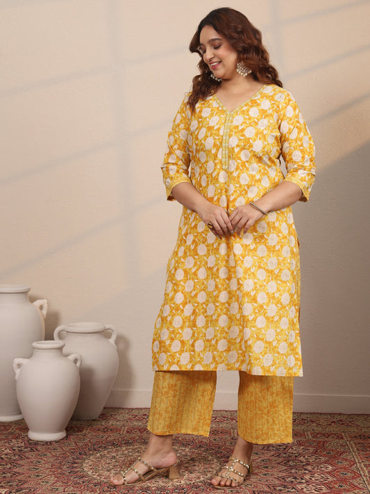 Plus Size Yellow Printed Cotton Straight Suit Set With Dupatta