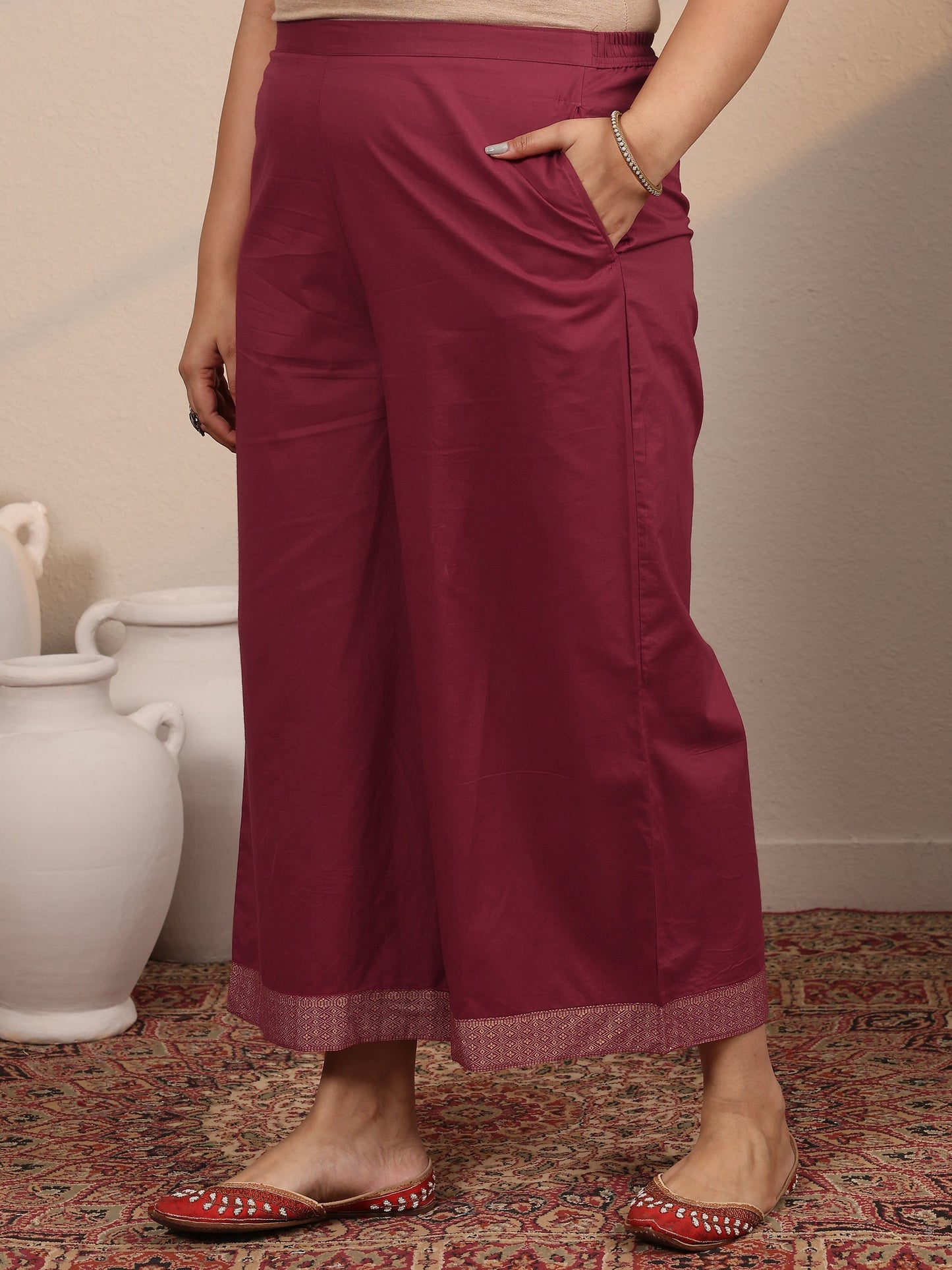 Plus Size Maroon Printed Cotton Straight Suit Set With Dupatta