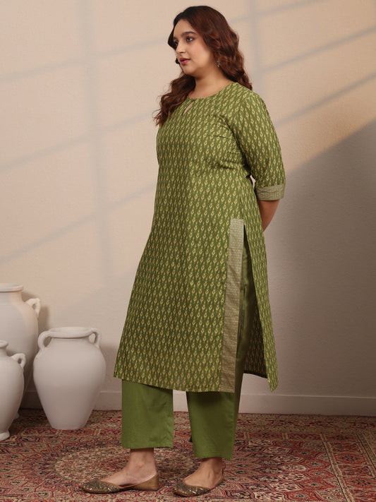 Plus Size Green Printed Cotton Straight Suit Set With Dupatta