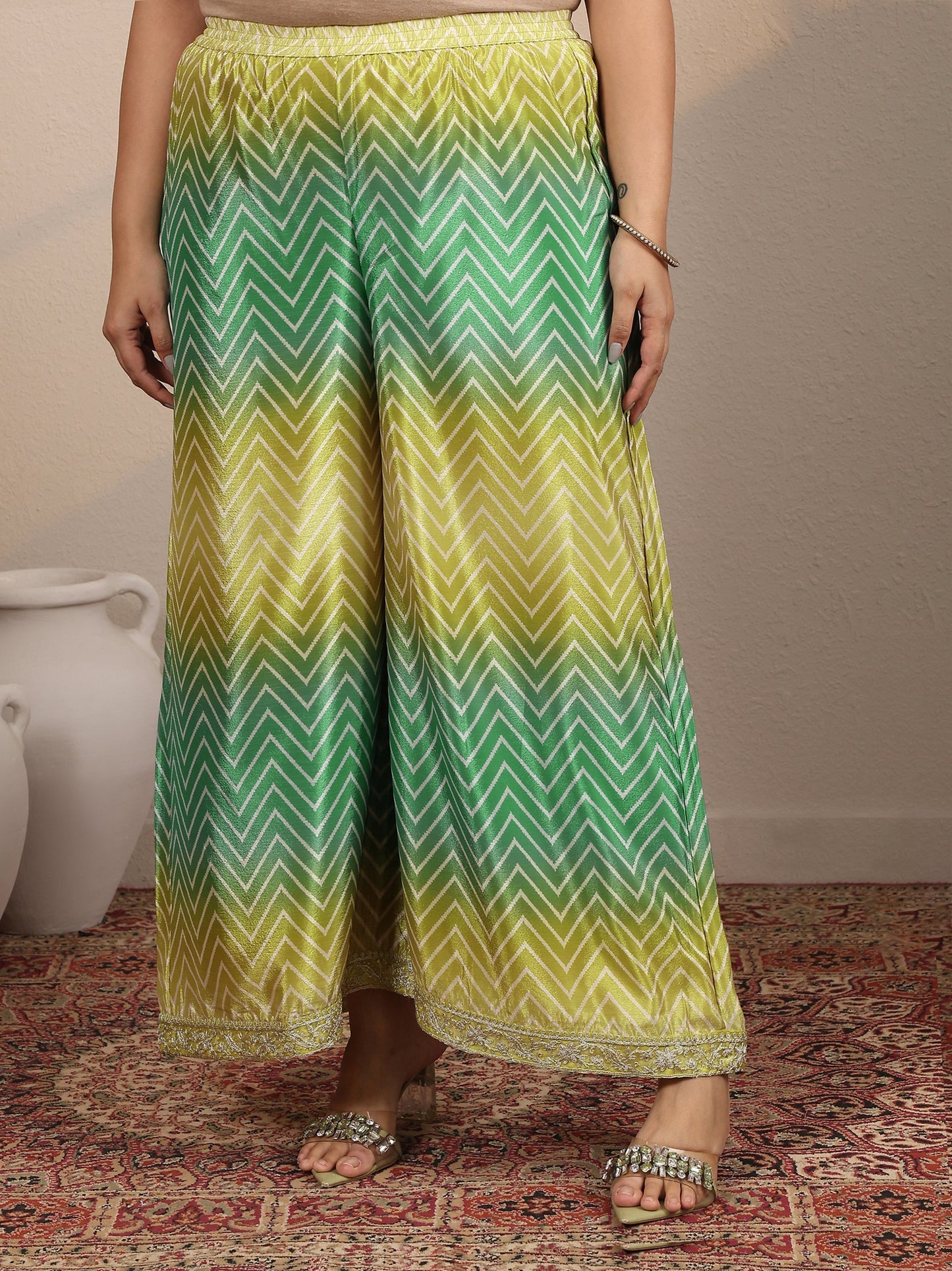 Plus Size Green Embroidered Chinon Straight Suit Set With Dupatta